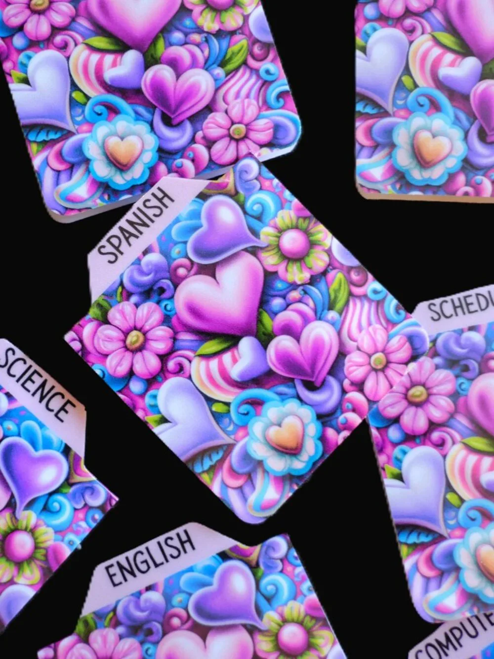 Handmade School Subject Magnetic Tabs, dividers, 3d purple hearts, notebook
